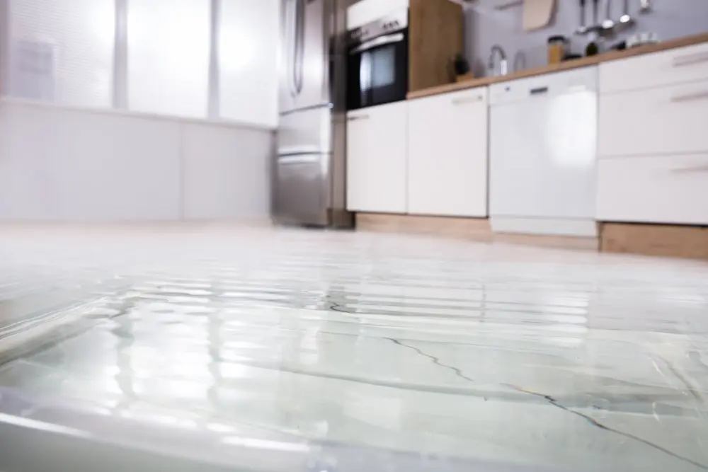 A kitchen with a flooded floor, featuring white cabinets, a stainless steel refrigerator, an oven, and a dishwasher.