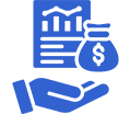 A blue icon showing a report with graphs, a money bag with a dollar sign, and an open hand.