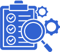 A blue icon of a checklist with three checkmarks, a magnifying glass, and two gears, symbolizing analysis and process evaluation.