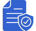 Blue icon of a document with a shield and checkmark.