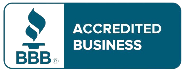 BBB Accredited Business logo featuring a stylized torch symbol on a blue background.